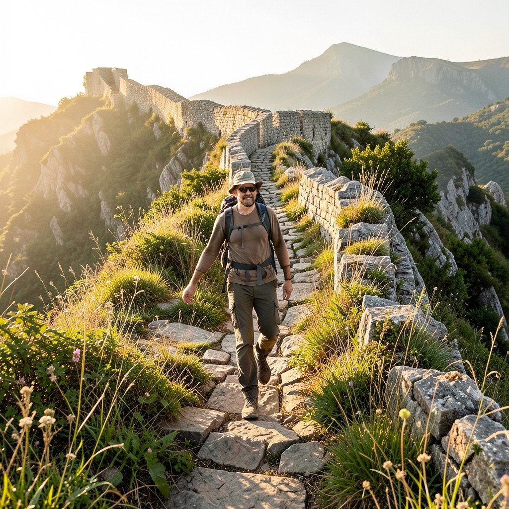 A hiker walking on a rugged, unrestored section of the Great Wall overgrown with wild vegetation, natural daylight, adventurous atmosphere, Review/Daily style, lifestyle photography, warm lighting, aspect ratio 4:3