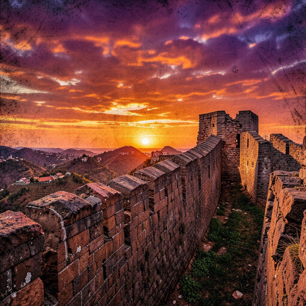 Sunset view over the steep crumbling walls of the Simatai section of the Great Wall, dramatic orange and purple sky, historical atmosphere, History/Culture style, artistic rendering, textured background, aspect ratio 4:3