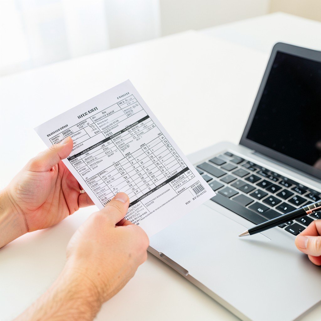 Hands holding a printed tax form and a pen comparing numbers with a laptop open beside, bright balanced lighting, focused atmosphere, aspect ratio 1:1