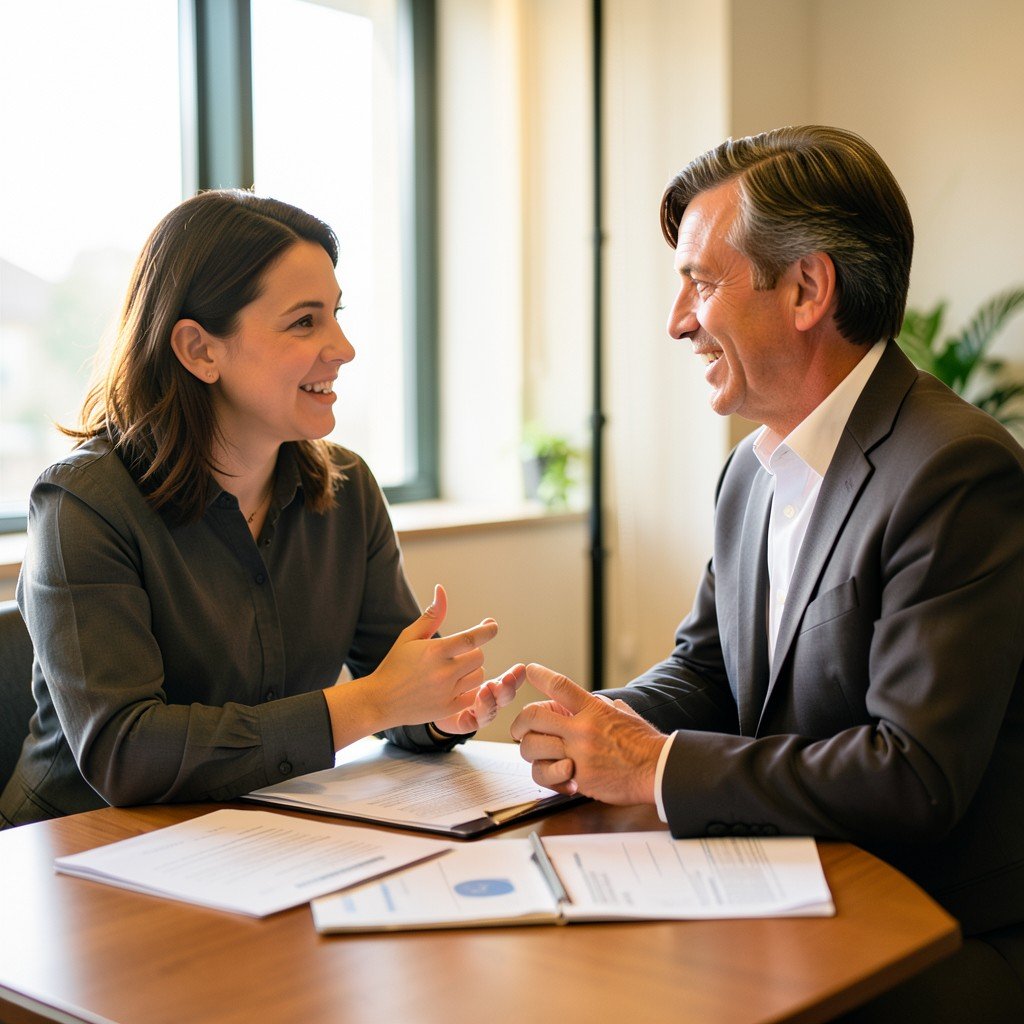 A person talking with a financial advisor in a modern office with documents on the table, warm natural lighting, professional and friendly atmosphere, aspect ratio 4:3