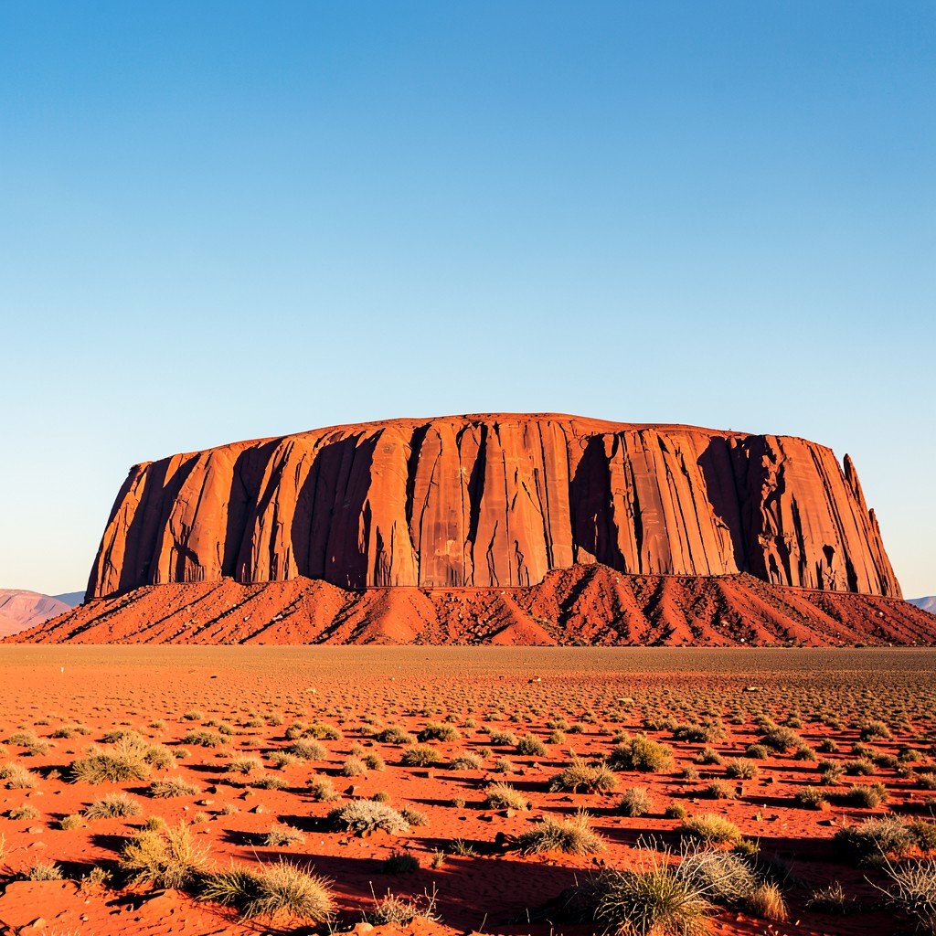 A vast red desert landscape with the massive Uluru rock formation in the center under a bright blue sky, warm lighting, centered focus, no text, 4:3