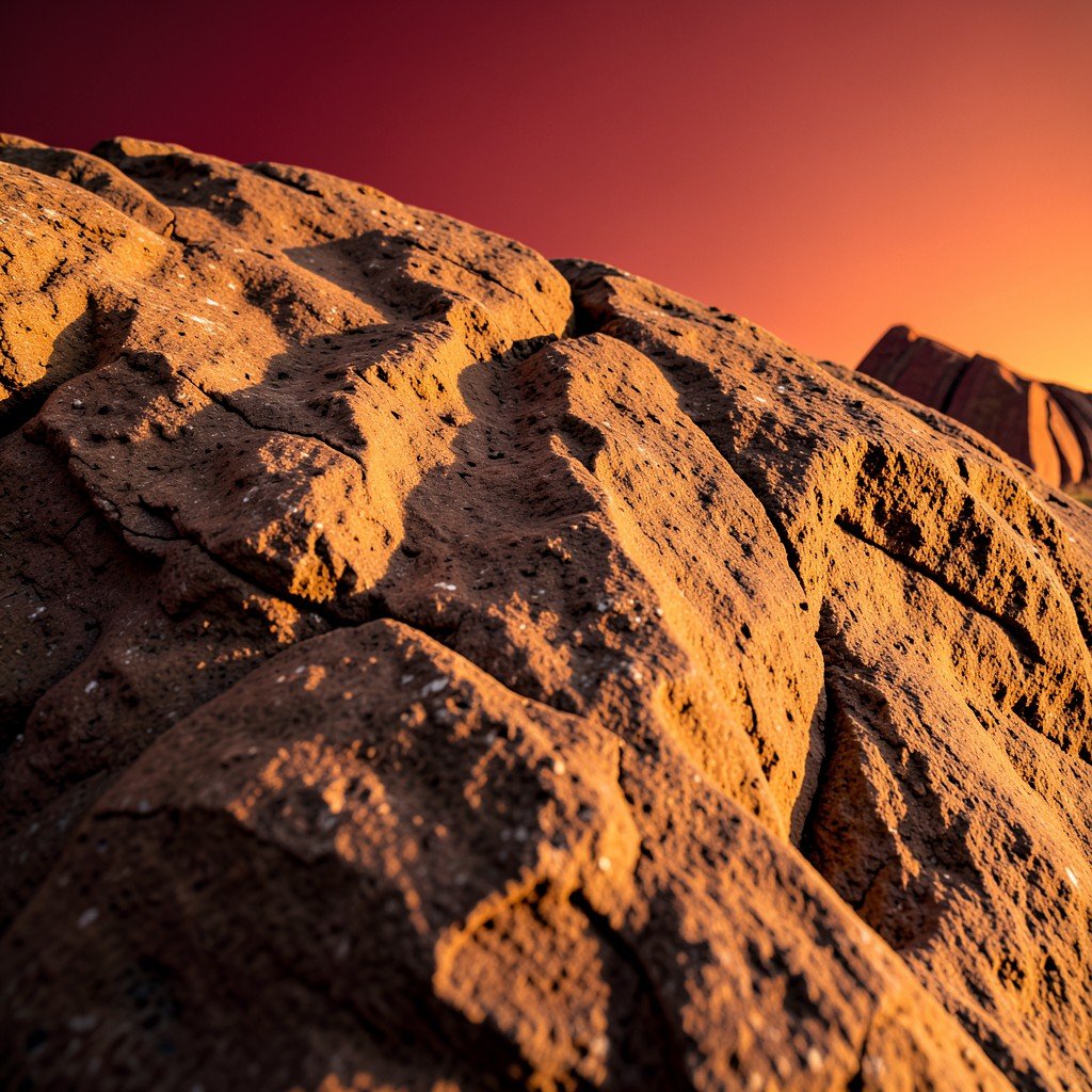 Close up of the textured surface of Uluru rock showing natural grooves and indentations, warm lighting, gradient red and orange background, no text, 1:1
