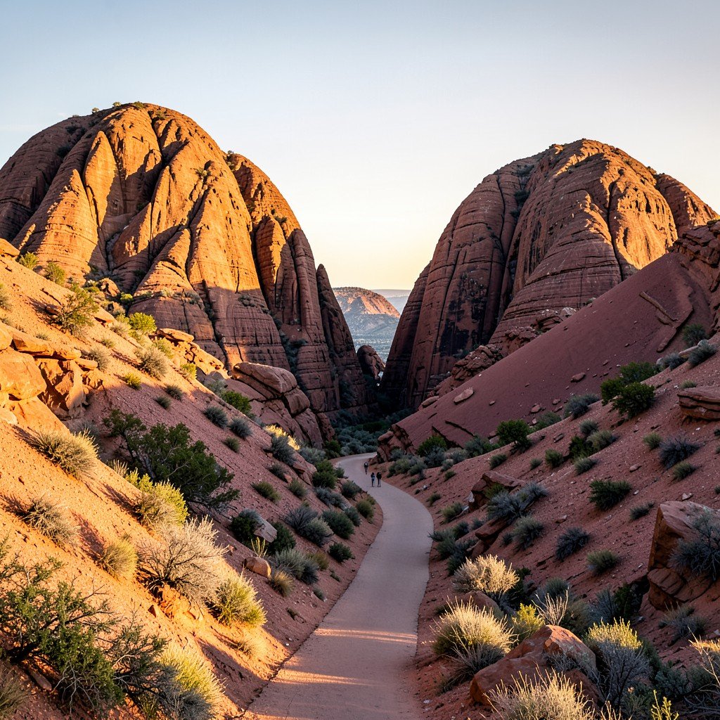The Kata Tjuta rock domes with a walking trail through the valley between the rocks, natural setting, warm afternoon lighting, no text, 4:3