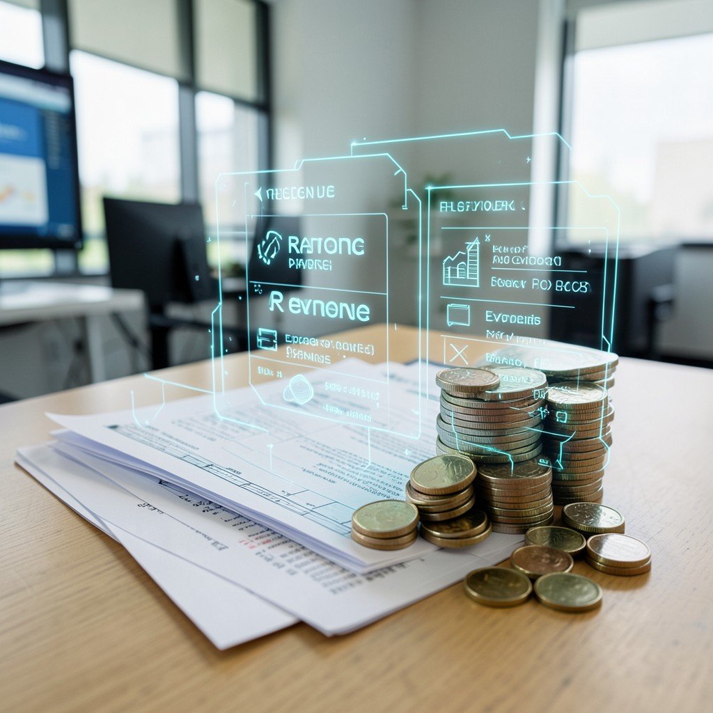 Financial documents and coins stacked on a desk with digital glowing overlay representing revenue and expenses, modern office setting, aspect ratio 4:3