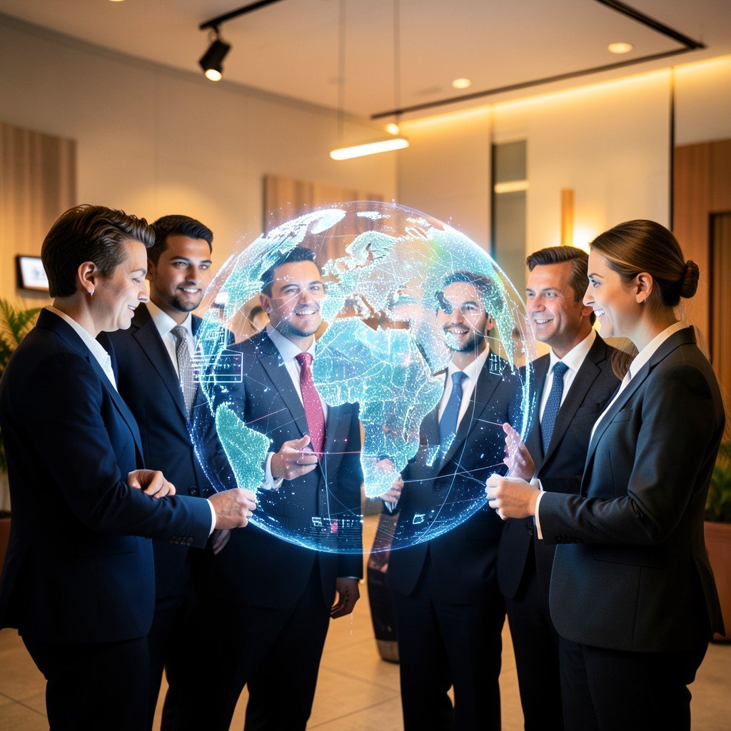 Diverse group of business people looking at a glowing holographic globe representing global tech investments, warm professional lighting, aspect ratio 1:1