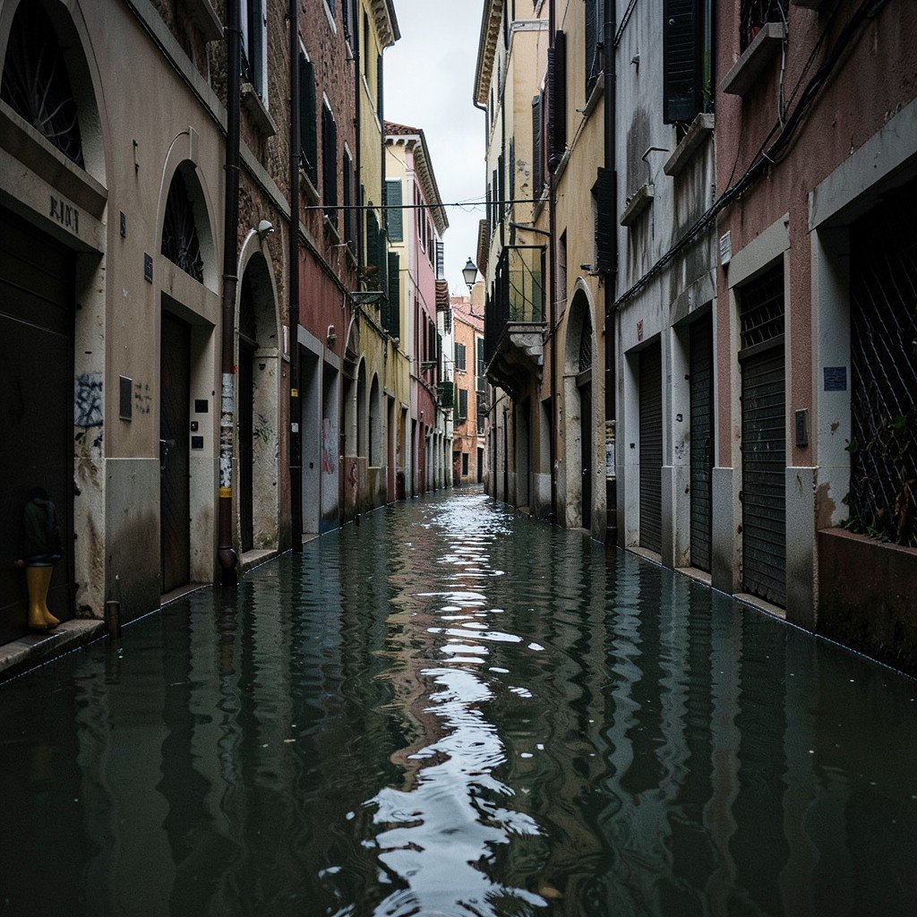 Flooded Venetian alleyway with acqua alta boots, moody weather, architectural details, no text, aspect ratio 4:3