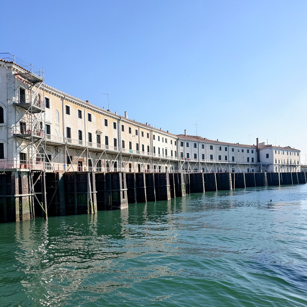 MOSE flood barriers in Venice lagoon rising from the sea, engineering infrastructure, clear sky, no text, aspect ratio 1:1