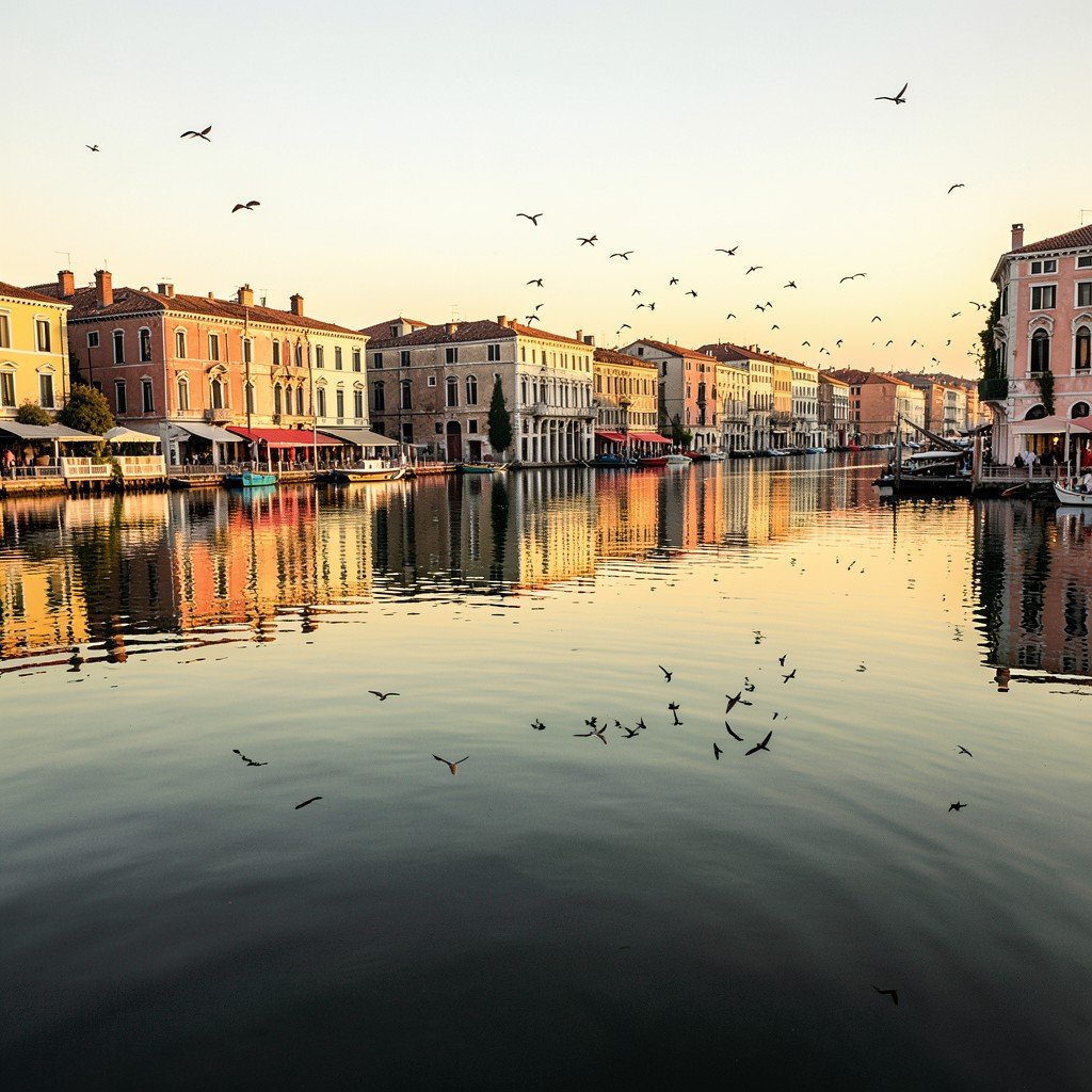 Venice lagoon wide landscape with birds flying, calm water reflecting historic buildings, golden hour, no text, aspect ratio 4:3