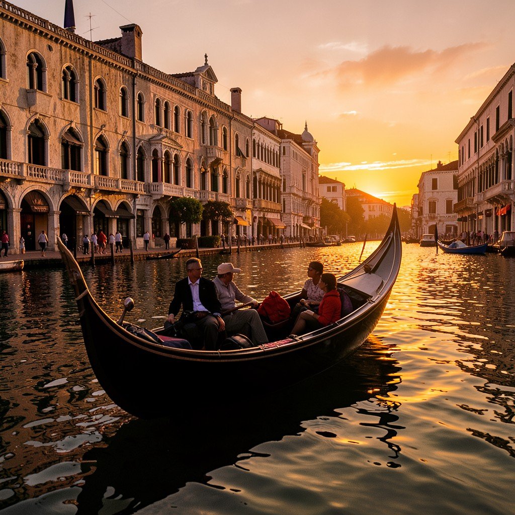 Gondola ride at sunset in Venice, warm golden lighting, romantic water reflection, no text, aspect ratio 4:3