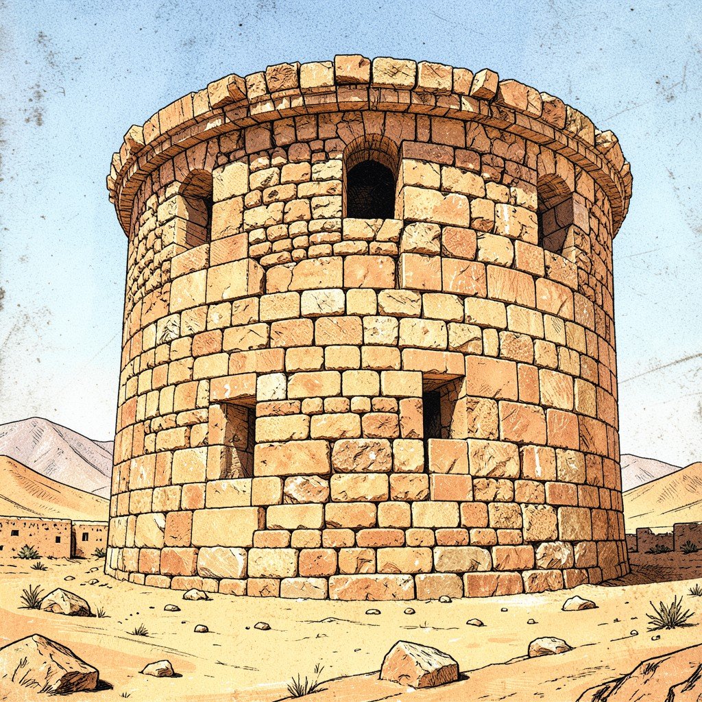 Close-up of a massive ancient circular stone tower at Al-Khutm archaeological site, detailed stonework, desert landscape, bright daylight, History/Culture style, illustration, textured background, aspect ratio 1:1