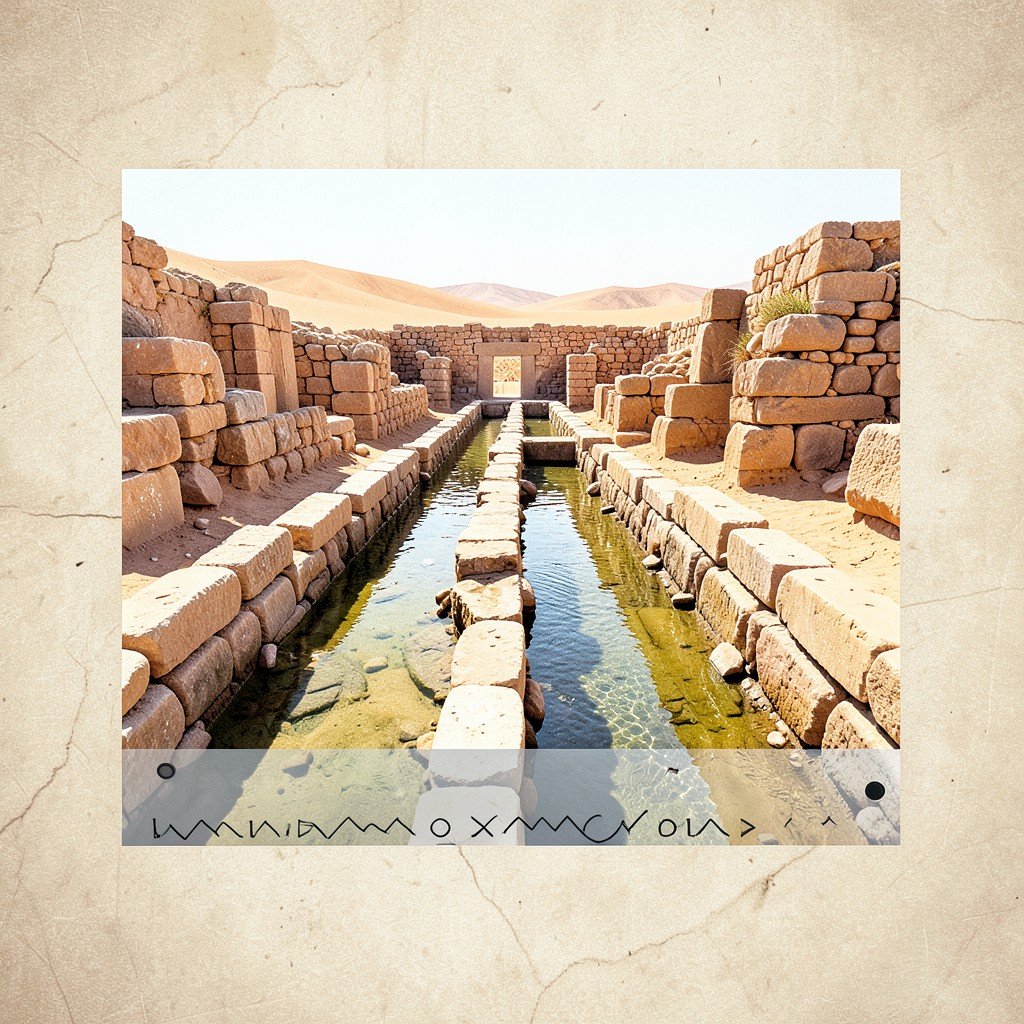 Ancient water management system falaj in the desert of Oman, stone channels among ruins, bright natural lighting, History/Culture style, clean infographic, textured background, aspect ratio 4:3