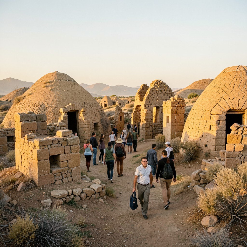 People exploring the archaeological sites of Bat in Oman, walking among ancient ruins and beehive tombs, warm morning lighting, Review/Daily style, lifestyle photography, natural setting, aspect ratio 4:3