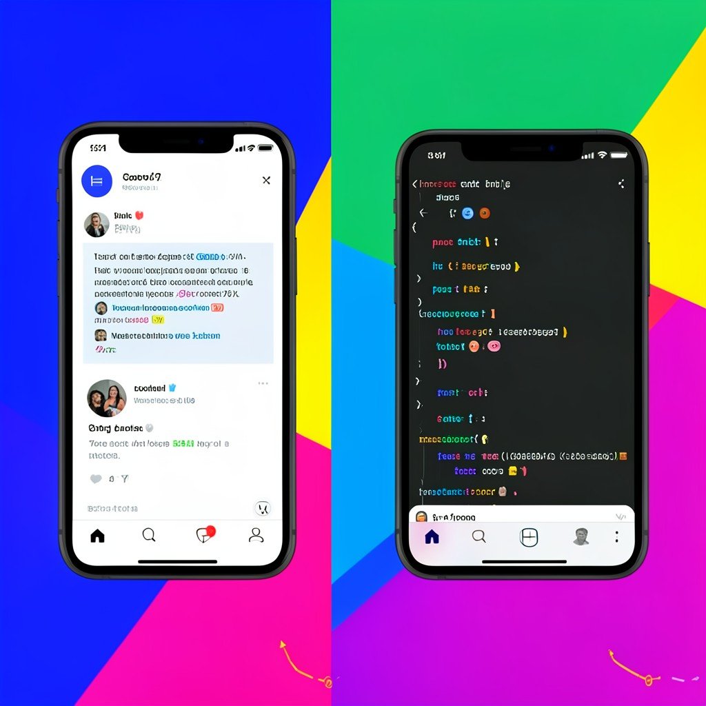 A split comparison showing a smartphone with a social media app displaying a web link on one side and a coding app generating a mini program on the other, clean modern infographic style, high contrast colored background, aspect ratio 1:1