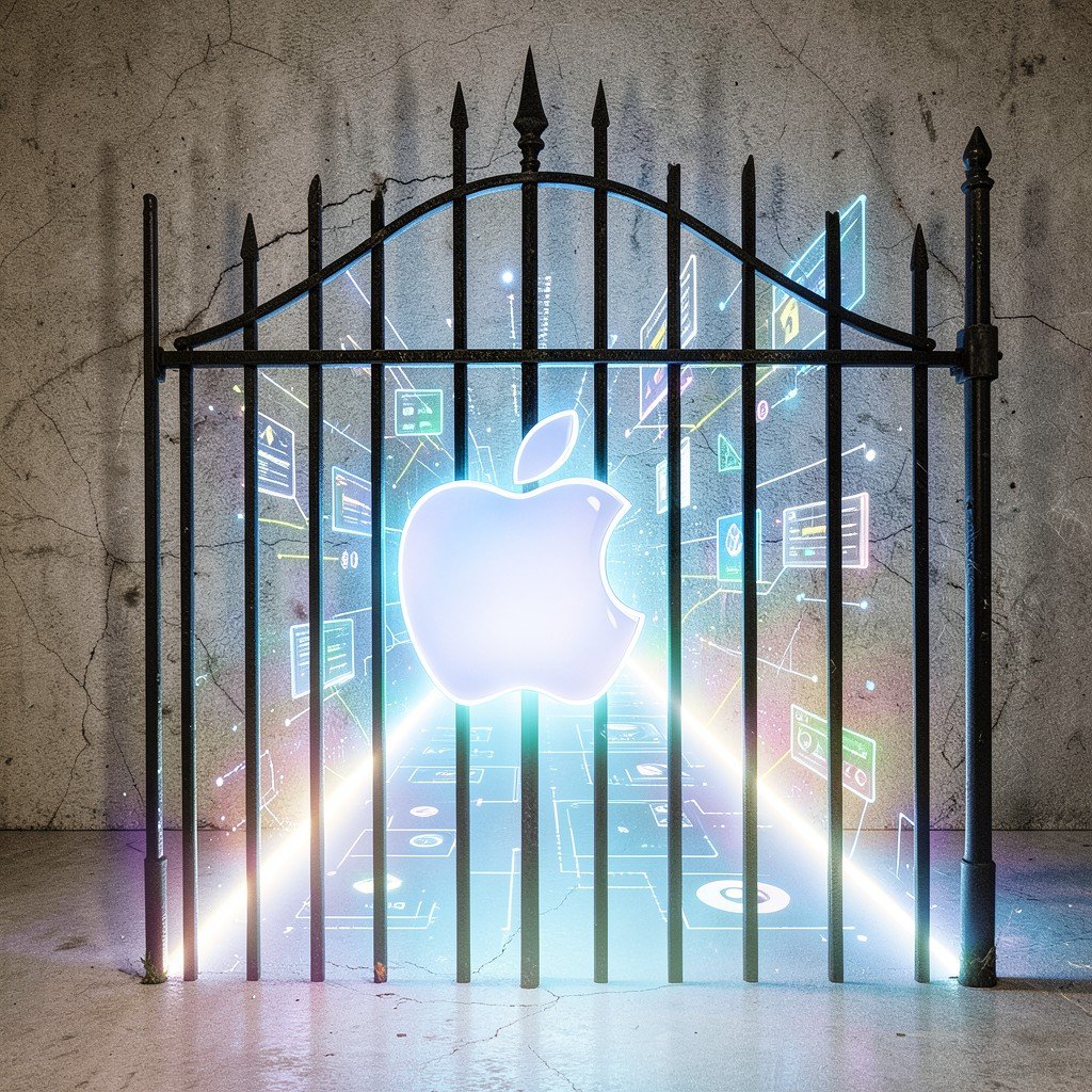 An illustration of a closed iron gate with an Apple logo blocking a bright, glowing path representing AI coding tools and creativity, artistic rendering, textured background, aspect ratio 4:3