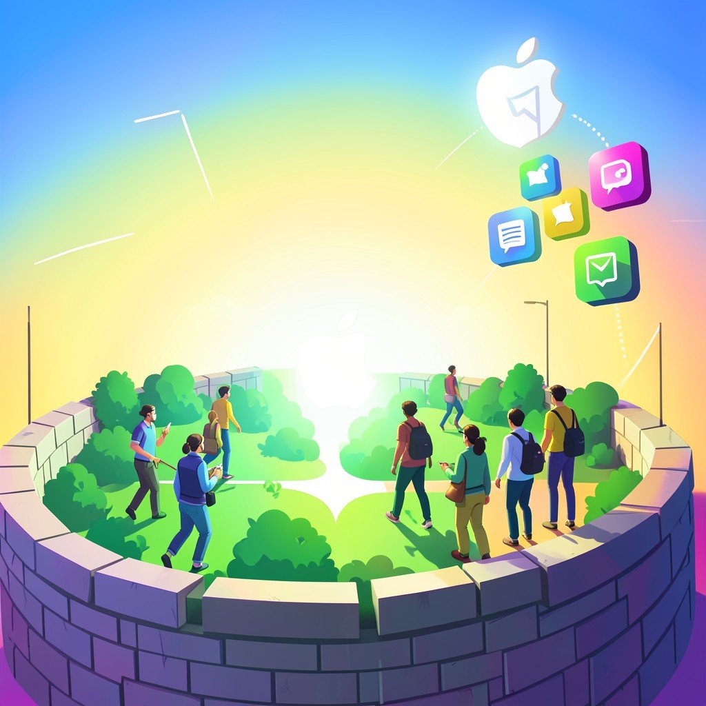A symbolic scene showing developers walking away from a walled garden with an Apple logo toward an open bright horizon with Android and web app icons, modern digital illustration, colorful gradient background, aspect ratio 1:1
