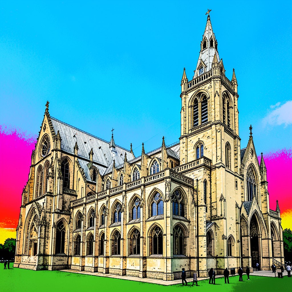 Canterbury Cathedral exterior with Bell Harry Tower, gothic architecture, clear blue sky, vibrant colored background, history and culture illustration style, no text, aspect ratio 4:3