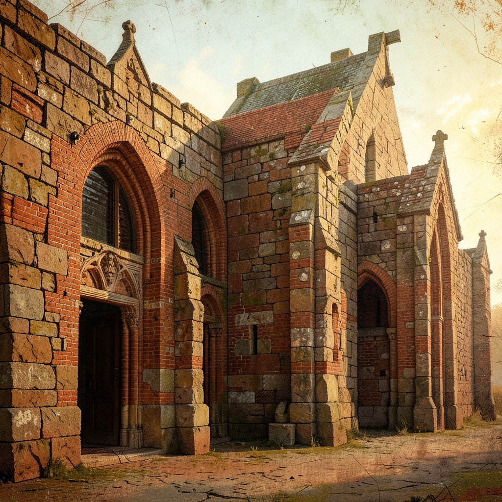Ancient stone walls of St Martin Church Canterbury, historical brickwork, warm sunlight, textured background, history and culture illustration style, no text, aspect ratio 1:1