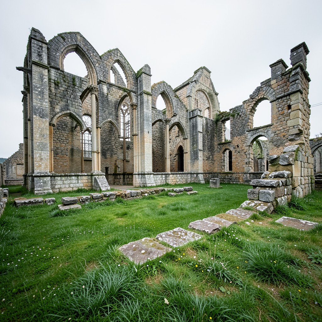 Ruins of St Augustines Abbey Canterbury, green grass around ancient stone foundations, soft daylight, atmospheric historical site, no text, aspect ratio 4:3