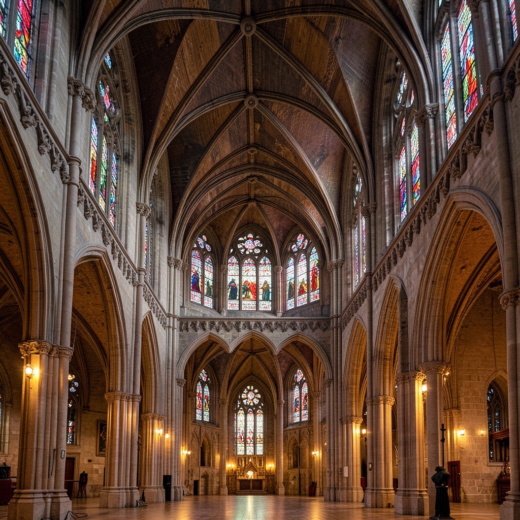 Inside Canterbury Cathedral, high gothic vaulted ceiling and colorful stained glass windows, warm interior lighting, perspective view, no text, aspect ratio 4:3