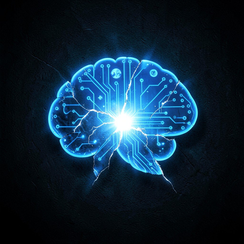 A glowing blue brain circuit board partially exposed with light leaking through cracks, on a dark textured background, representing AI technology exposure, aspect ratio 1:1