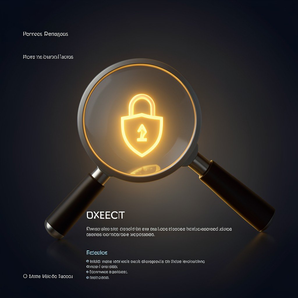 A magnifying glass hovering over a glowing digital lock and shield icon, warm lighting, clean informational layout, dark gradient background, aspect ratio 4:3