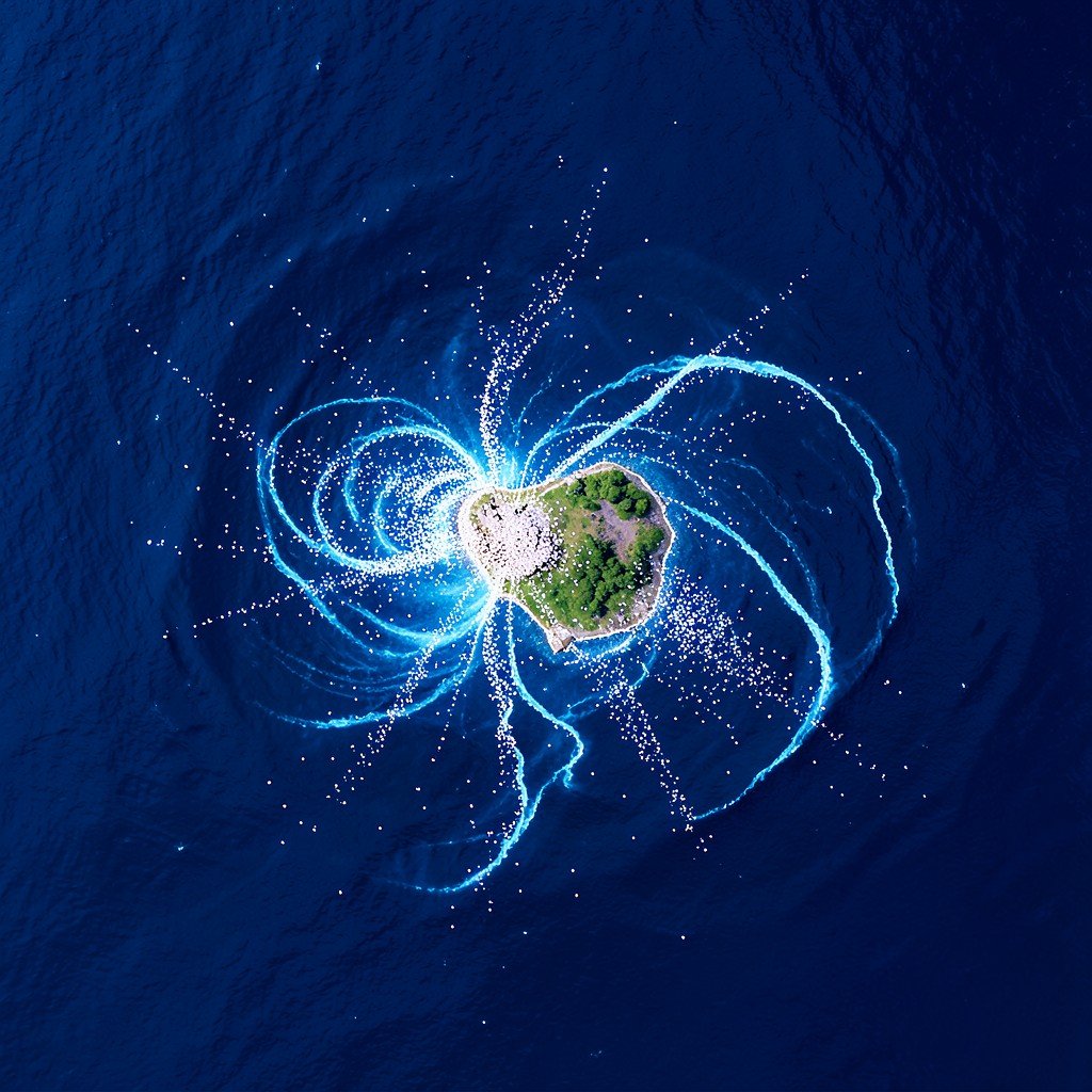 Ocean currents visualization with floating microplastics converging towards a small island, deep blue water texture, top-down perspective, clean infographic style, high contrast, 1:1