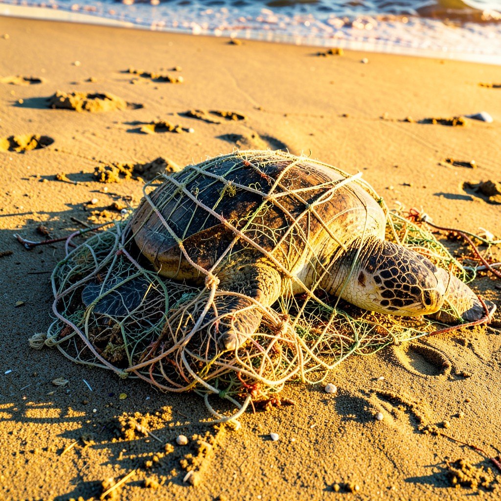 A sea turtle entangled in discarded fishing net on a sandy beach, natural lighting, realistic wildlife photography, vivid details, warm sunlight, 1:1
