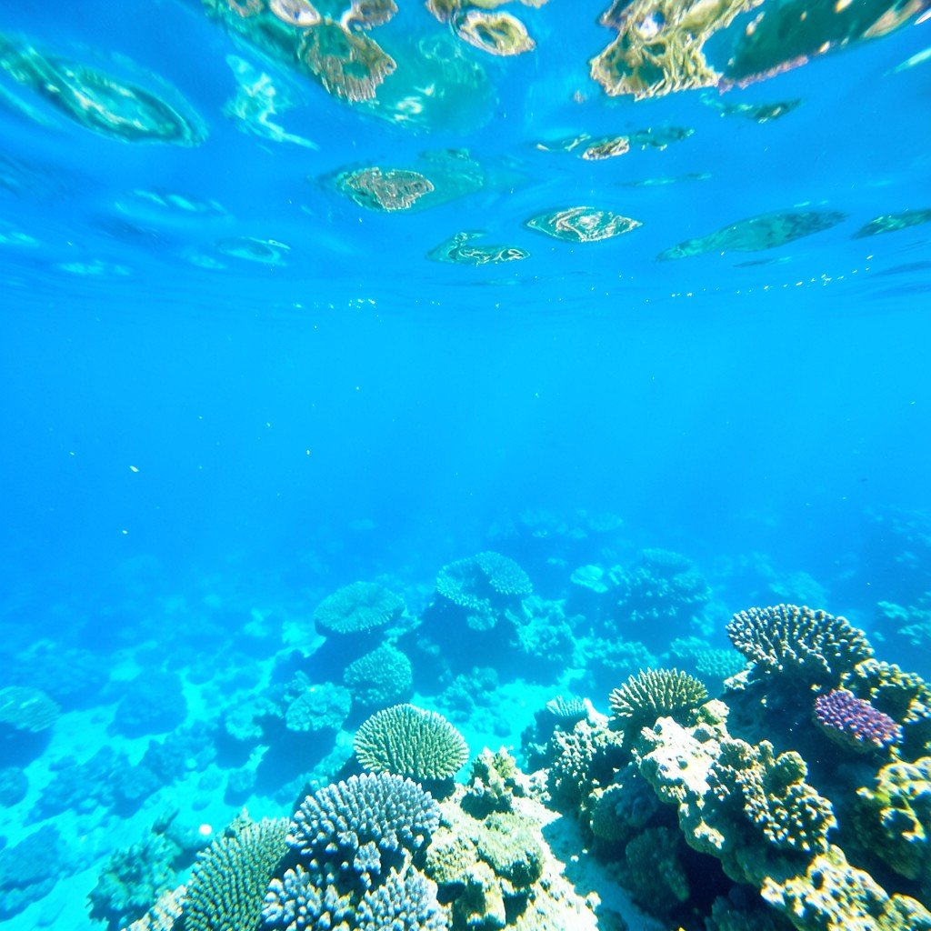 Pristine clear blue ocean water with visible coral reef below, no plastic or pollution, bright sunlight penetrating the water surface, vibrant underwater nature, 4:3