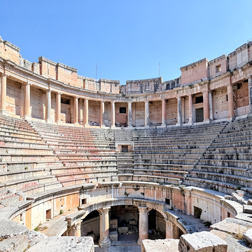 Ancient Roman theater of Hierapolis with stone seating rows, clear sky, historical ruins, no people, 4:3