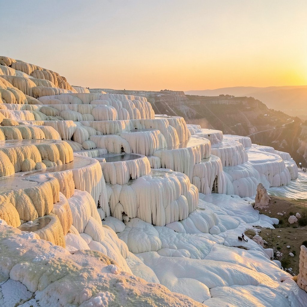 Pamukkale travertine terraces during soft morning sunrise light, warm golden tones, peaceful atmosphere, no people, 1:1