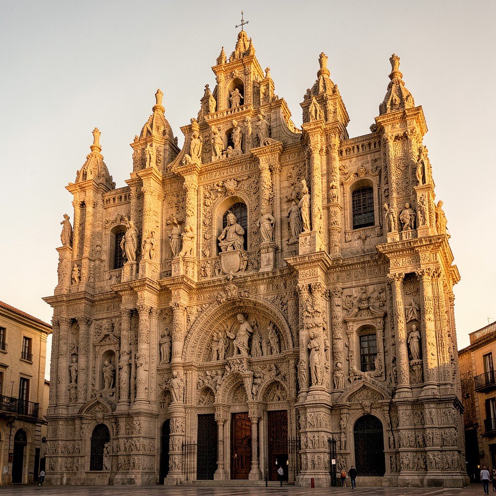 Lima Cathedral facade at Historic Centre of Lima, detailed stone carvings, artistic rendering, warm lighting, aspect ratio 1:1