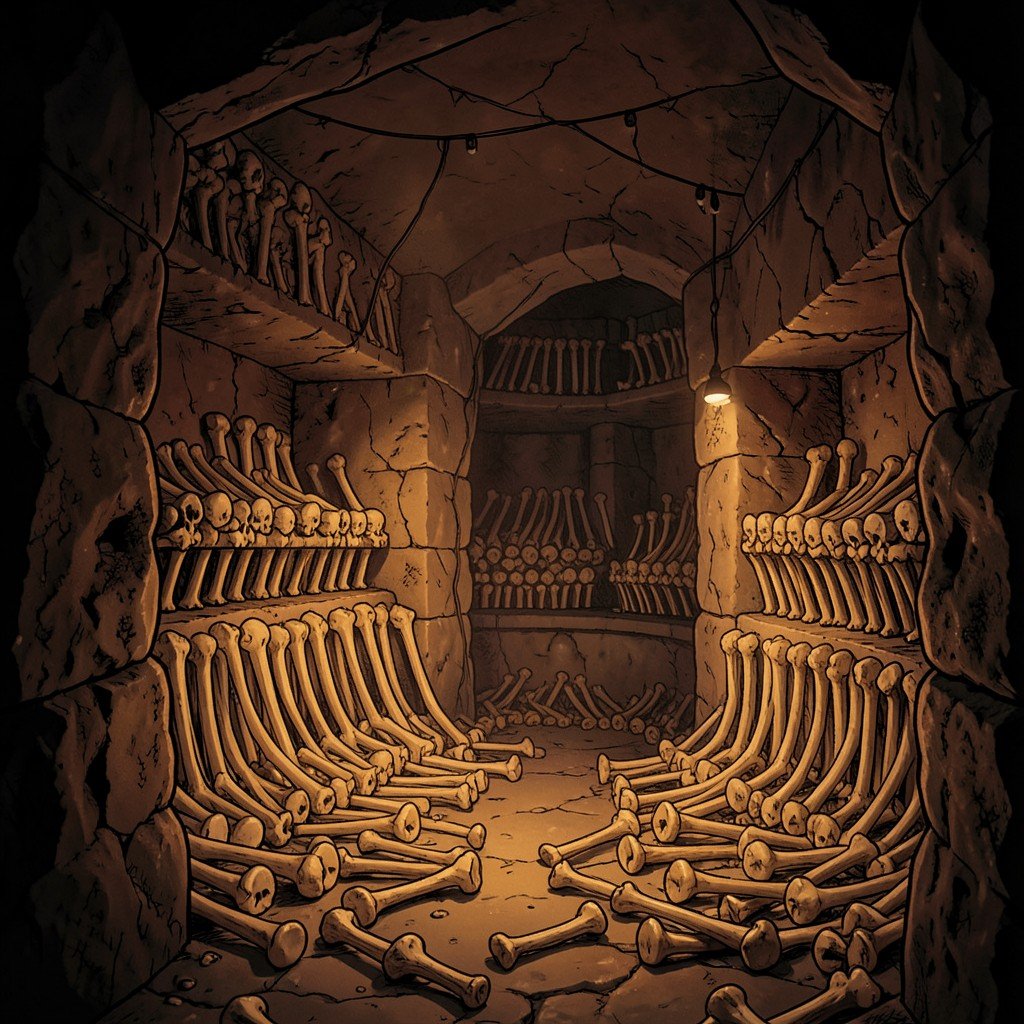 Catacombs underground bone arrangement in Historic Centre of Lima, mysterious atmosphere, dim warm lighting, illustration style, aspect ratio 4:3