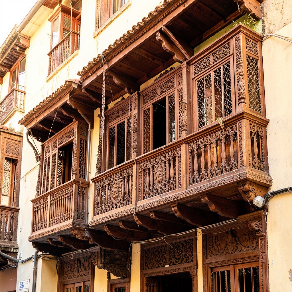 Traditional carved wooden balconies in Historic Centre of Lima, intricate woodwork, warm natural lighting, lifestyle photography, aspect ratio 1:1
