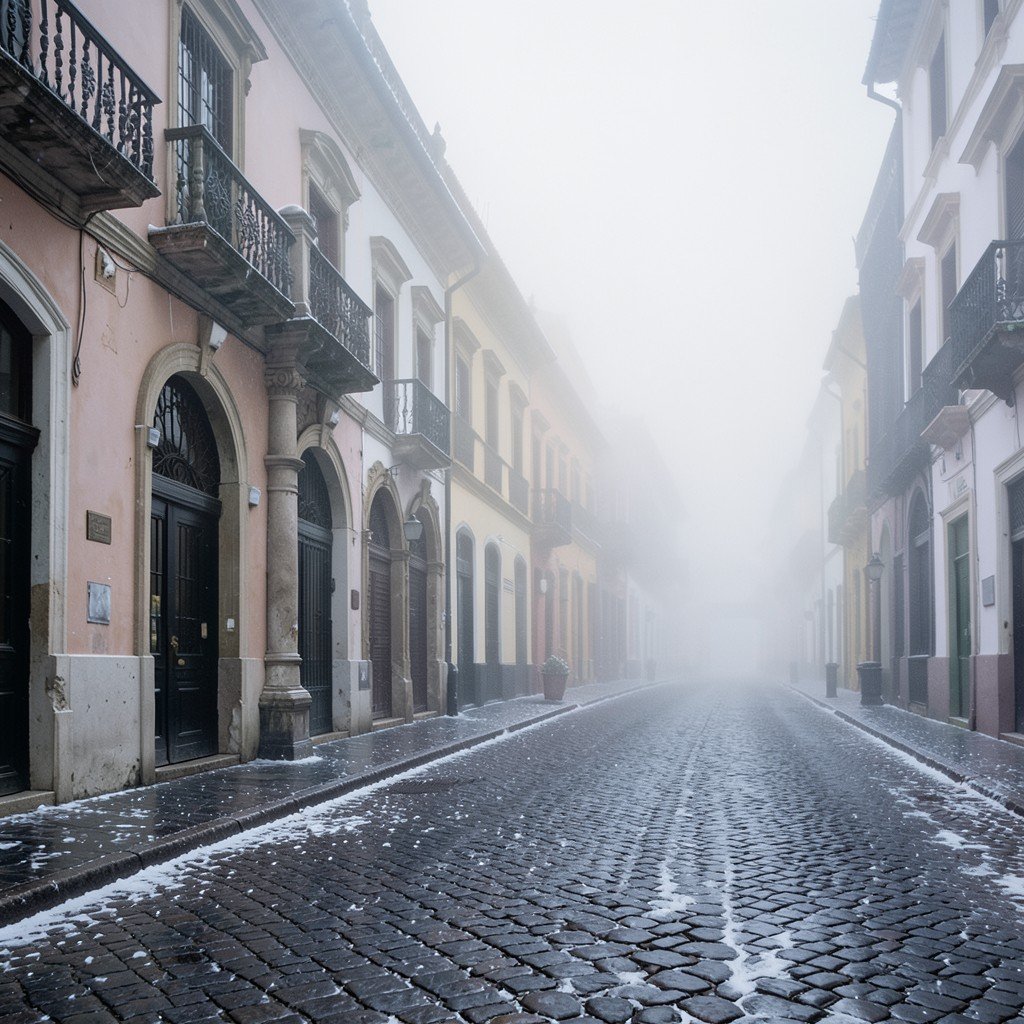 Foggy winter morning in Historic Centre of Lima, cobblestone street with colonial architecture, atmospheric photography, aspect ratio 4:3