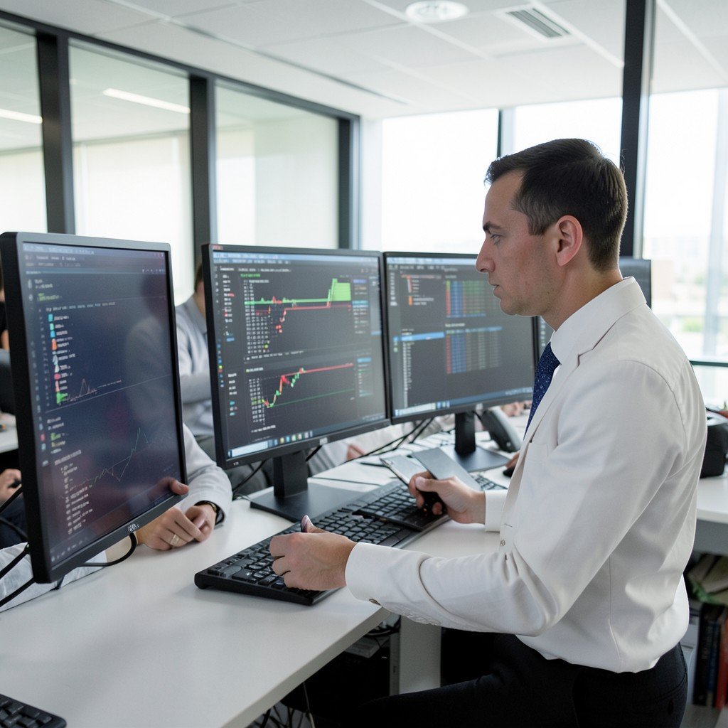 Financial analyst reviewing digital data on multiple screens in modern office, professional setting, 1:1