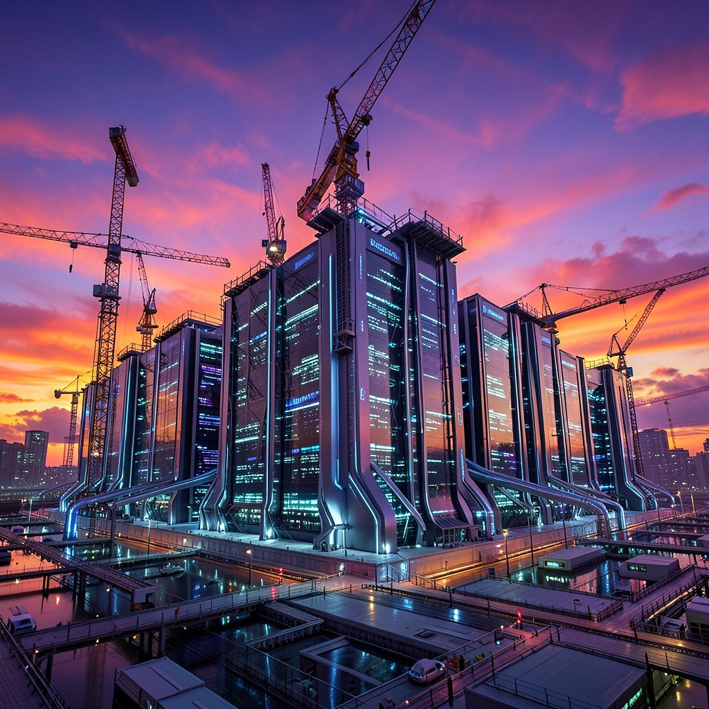 Futuristic data center expanding with construction cranes, vibrant sunset sky, wide angle view, 4:3