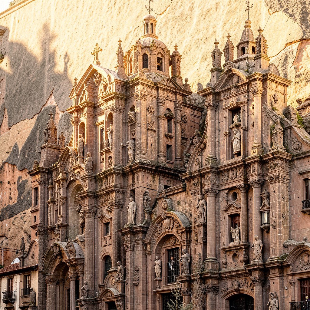 Baroque architecture of historic churches and mansions in Guanajuato Mexico, intricate stone facades, warm afternoon light, textured background, no text, aspect ratio 4:3