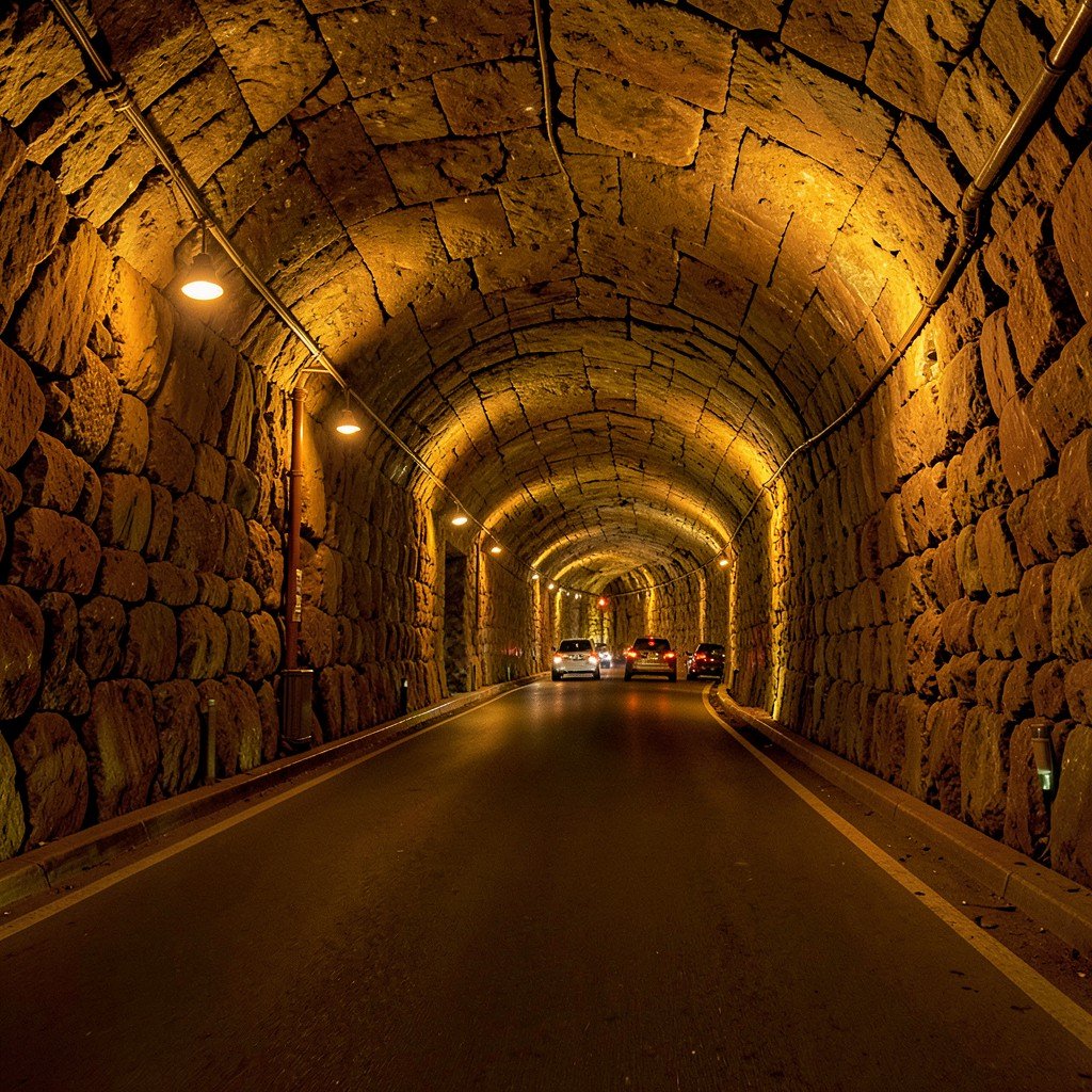Inside the underground tunnel road of Guanajuato Mexico, stone walls, warm artificial lighting, cars driving through, historical engineering, no text, aspect ratio 1:1
