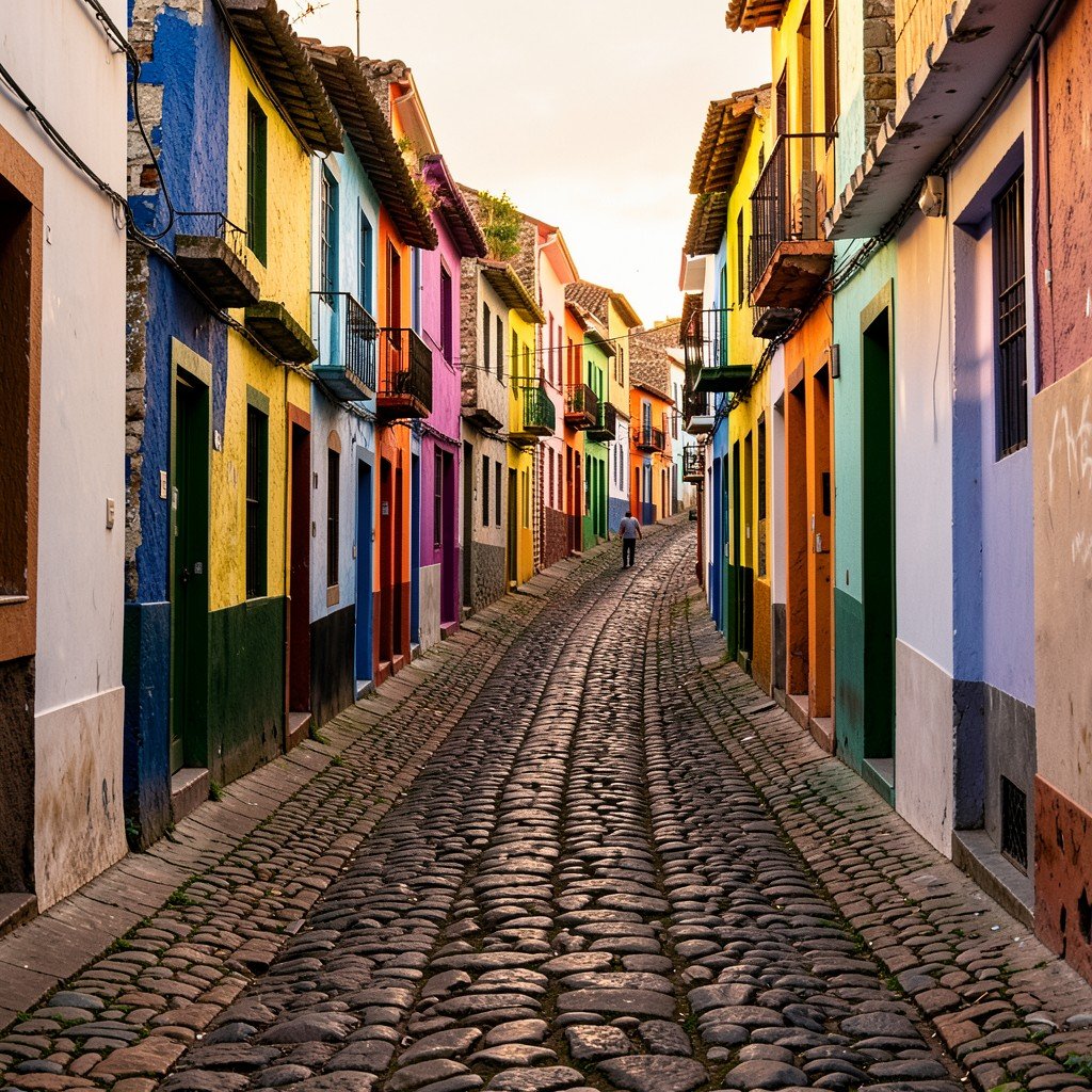 A steep cobblestone alley in Guanajuato Mexico with colorful houses on both sides, warm sunlight, a person walking up the hill, no text, aspect ratio 4:3