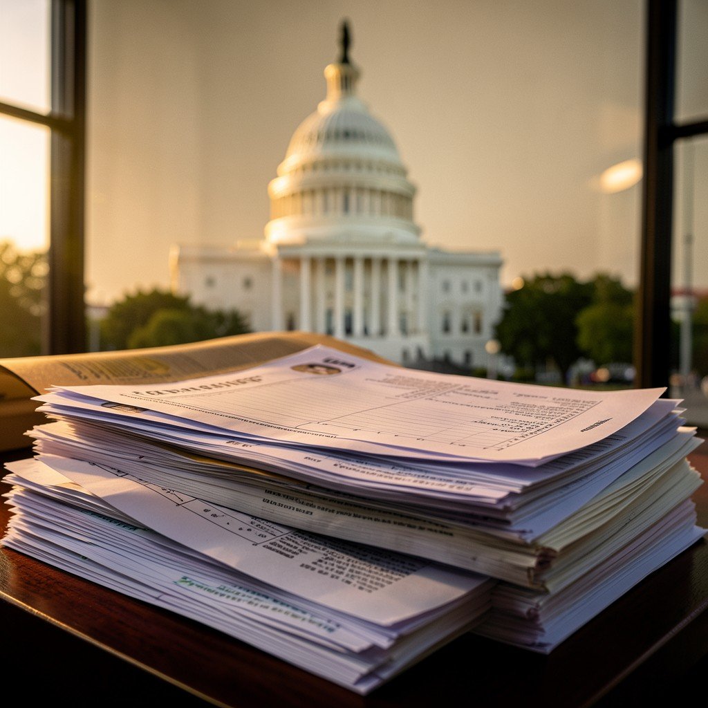 Thick stack of legislative documents and budget papers on a desk with US Capitol building in the background, warm lighting, realistic photography, 4:3