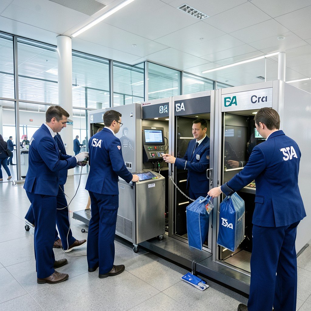 TSA agents professionally checking passenger baggage at airport security scanners, modern terminal, bright balanced lighting, realistic photography, 4:3