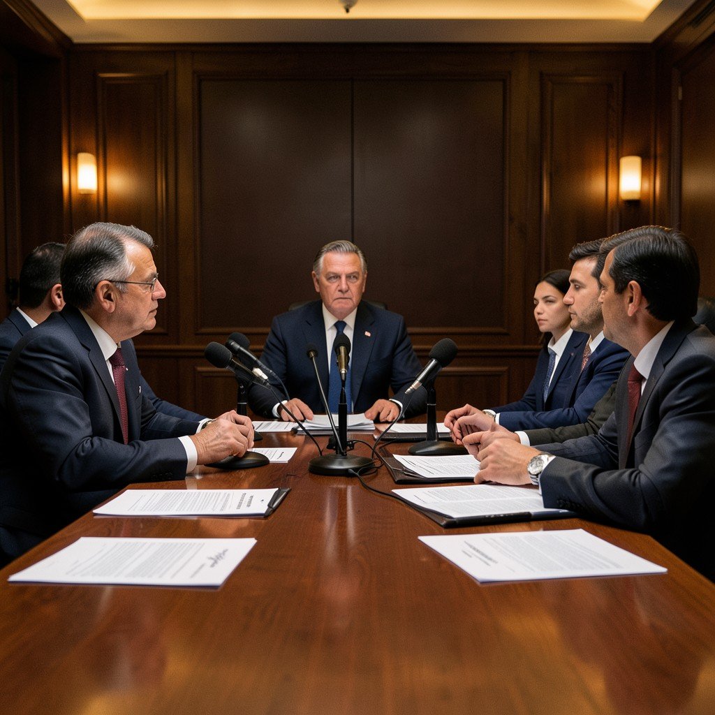 Formal negotiation table with documents and microphones representing government budget talks, serious atmosphere, warm interior lighting, realistic photography, 4:3