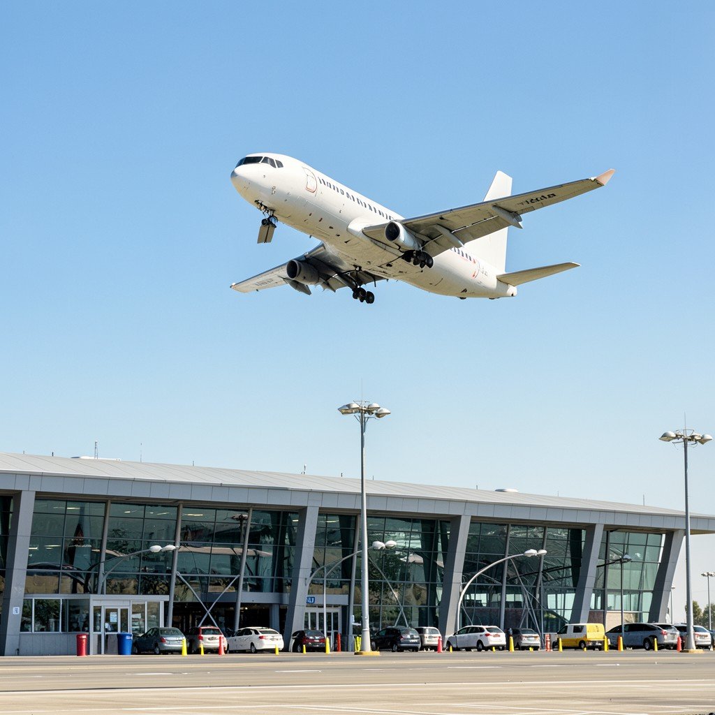 Commercial airplane taking off into a clear sky above a modern airport terminal, hopeful atmosphere, bright daylight, realistic photography, 4:3