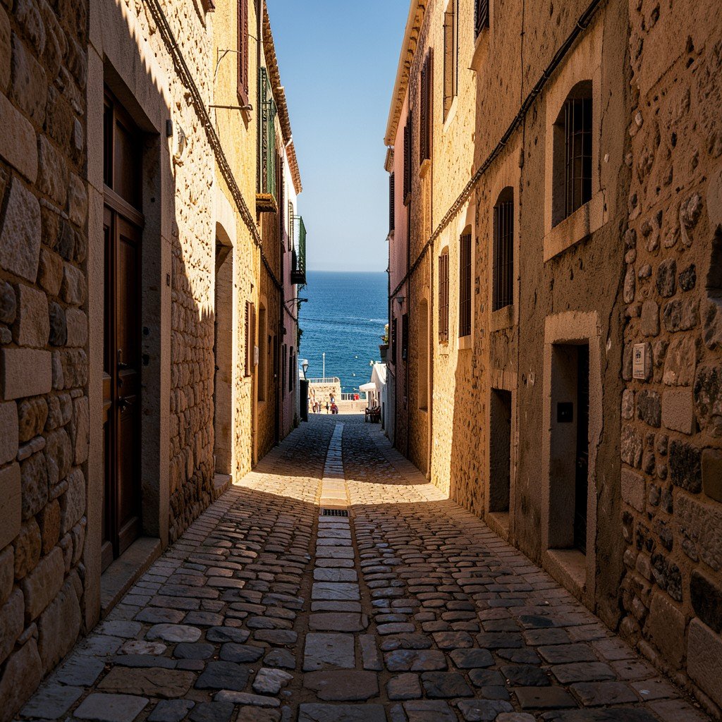Narrow cobblestone street in the Medieval City of Rhodes with a glimpse of the blue sea at the end, long shadows of afternoon sunlight, lifestyle photography warm lighting, aspect ratio 4:3
