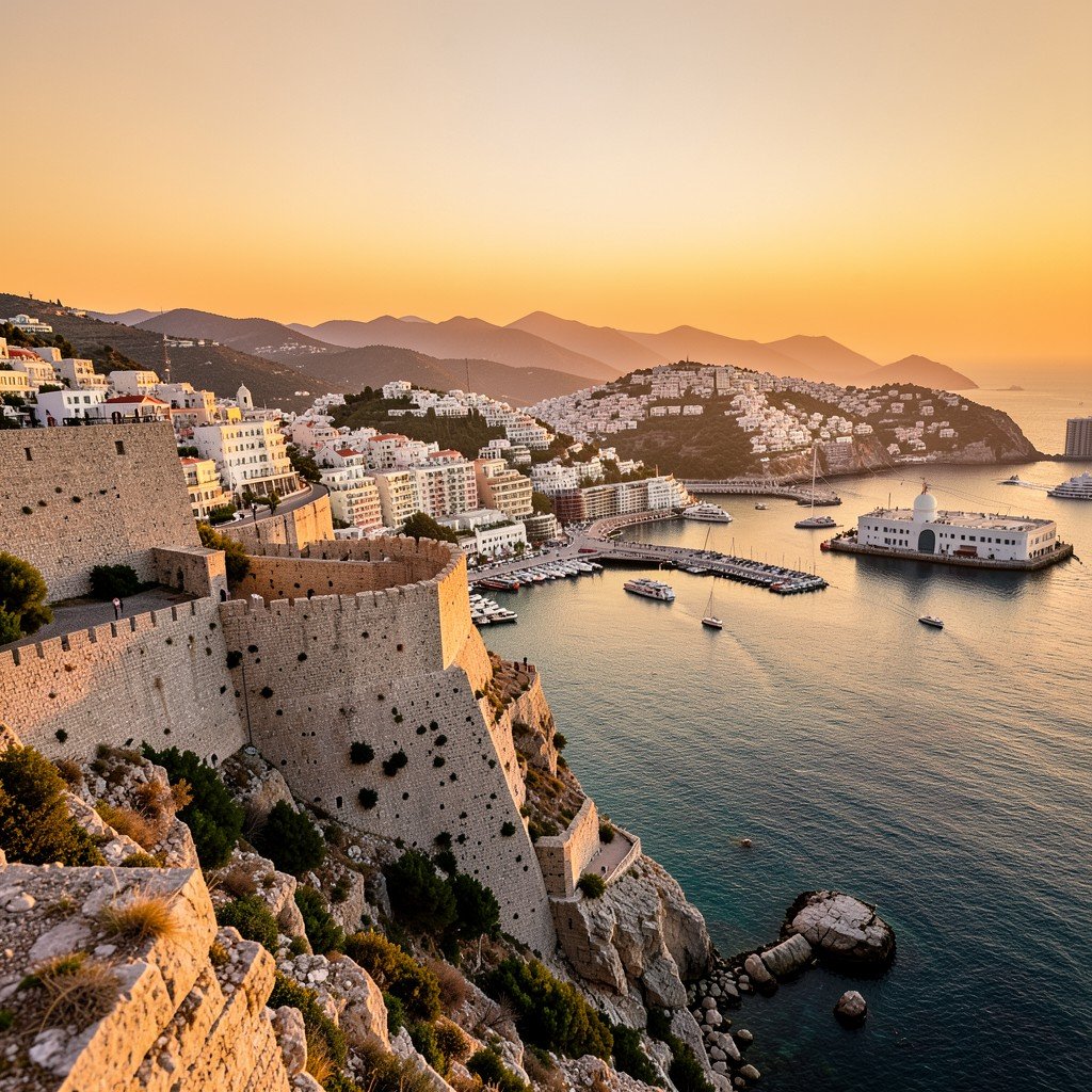Scenic sunset view over the medieval walls and harbor of Rhodes Greece with warm golden lighting, lifestyle photography natural setting, aspect ratio 4:3