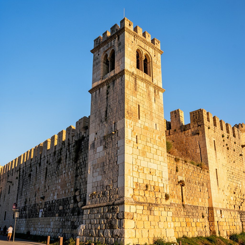 The historic Ribat fortress of Sousse Tunisia with its sturdy stone walls and watchtower, clear blue sky, architectural details of early Islamic military structure, warm sunlight, History/Culture style, aspect ratio 4:3