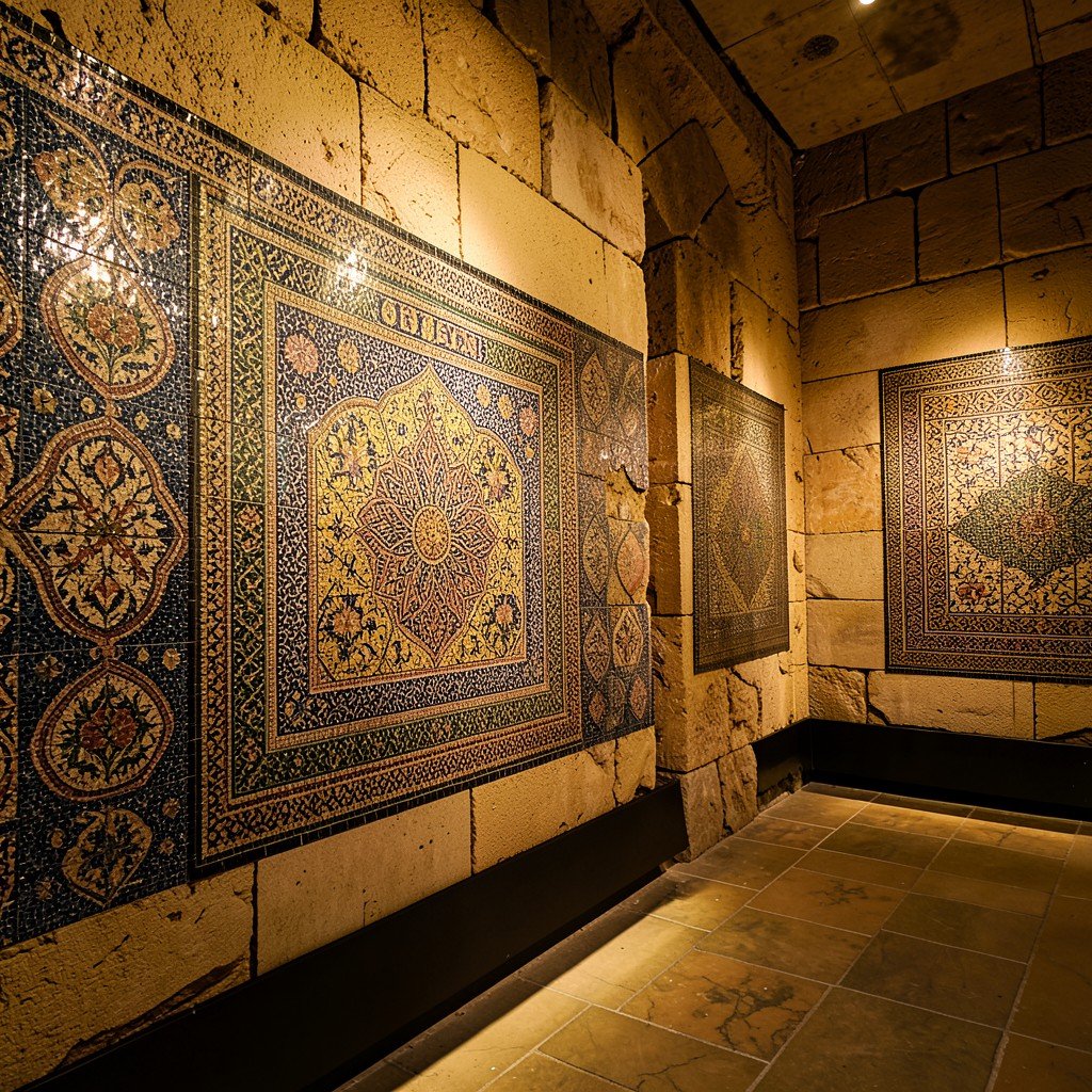 Intricate Roman and Islamic mosaic artworks displayed inside the Sousse Kasbah museum, warm indoor lighting, textured stone walls in the background, detailed tile patterns, History/Culture style, aspect ratio 4:3