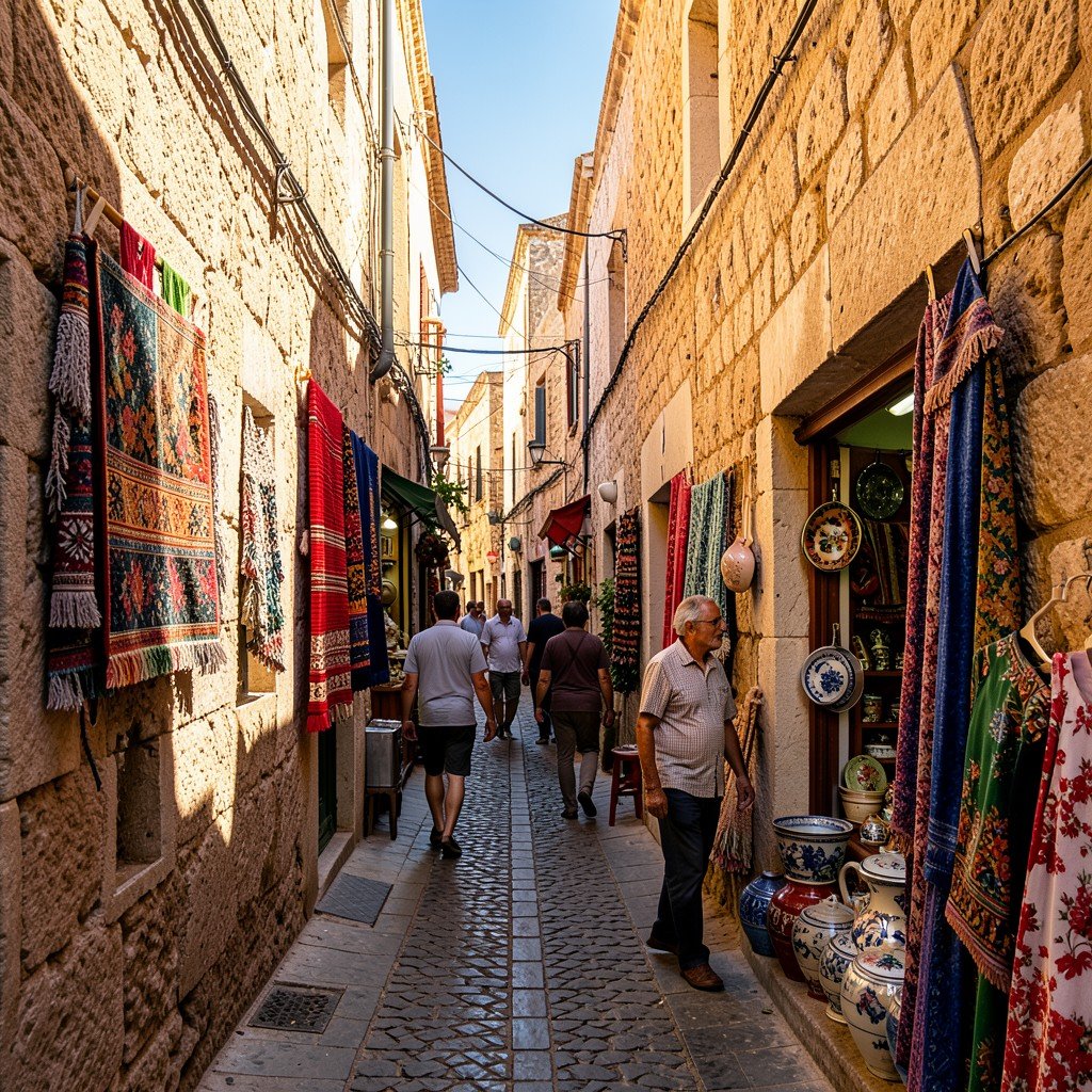 Narrow alleyway in the Medina of Sousse Tunisia with sunlight casting shadows on stone walls, small shops with colorful textiles and ceramics, local people walking, warm and vibrant atmosphere, Review/Daily style, aspect ratio 1:1