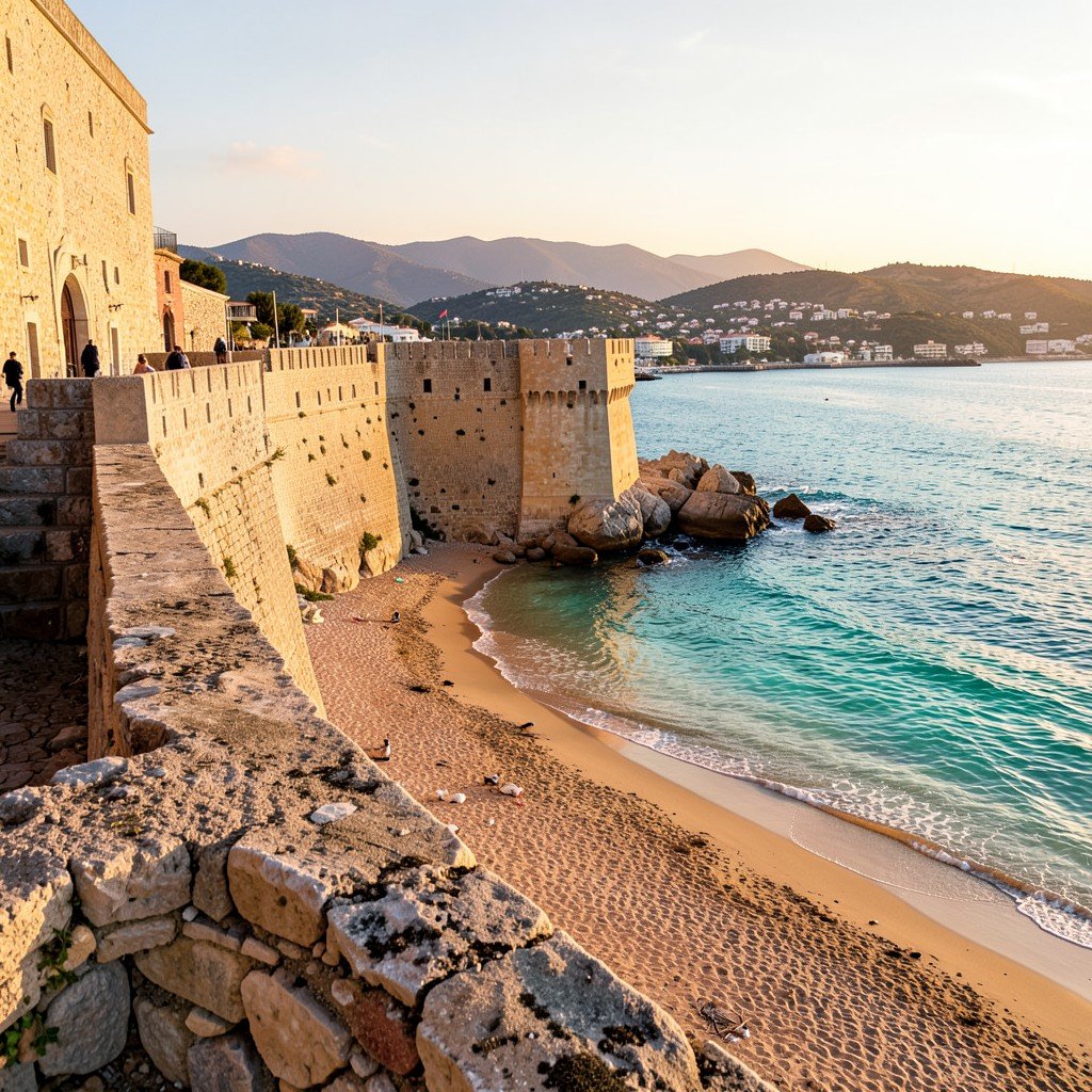 The Medina walls of Sousse meeting the beautiful sandy beach and turquoise Mediterranean Sea, golden hour lighting, peaceful and scenic view, History/Culture style, aspect ratio 1:1