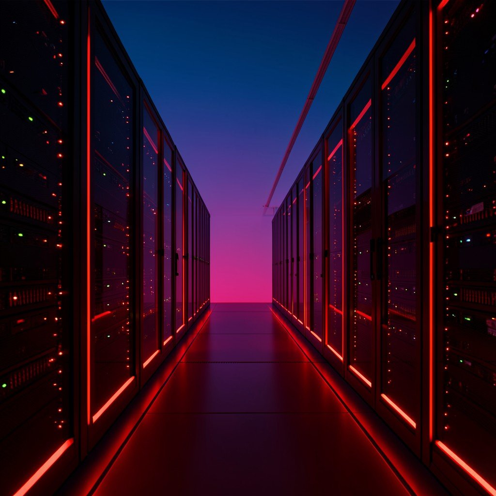 A glowing data center corridor with narrow red lights, limited perspective, futuristic style, colored gradient background, aspect ratio 1:1